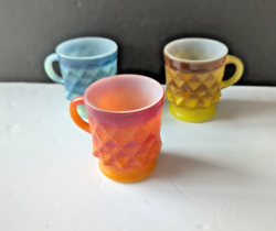 3 VINTAGE FIRE KING ANCHOR HOCKING BLUE, ORANGE, & YELLOW COFFEE MUGS