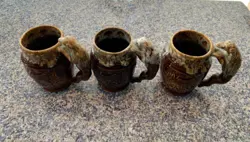 LOT OF 3 VINTAGE ROCKINGHAM HARKER 1840 USA GLAZED HOUND HANDLE MUG DEER