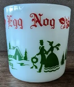 VINTAGE HAZEL ATLAS MILK GLASS CHRISTMAS EGG NOG CUP, SQUARE HANDLE, 6 OZ, 1950S