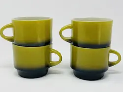 4 VINTAGE ANCHOR HOCKING FIRE KING OMBRE MUGS AVOCADO GREEN MILK GLASS STACKABLE