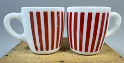 2 VINTAGE MCM HAZEL ATLAS RED & WHITE CANDY STRIPE GLASS COFFEE MUGS 8 OZ