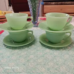 FIRE KING JADEITE JANE RAY CUPS & SAUCERS VINTAGE SET OF FOUR (4)