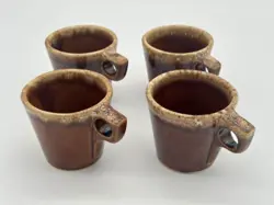 SET OF 4 VINTAGE HULL POTTERY BROWN DRIP GLAZE OVEN PROOF USA COFFEE CUP MUG