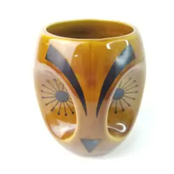 VINTAGE MID CENTURY MODERN OWL MUG POTTERY GOLD BROWN P2497 PORTUGAL ATOMIC
