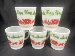 VINTAGE LOT OF 5 HAZEL ATLAS MILK GLASS TOM & JERRY CHRISTMAS EGG NOG MUG