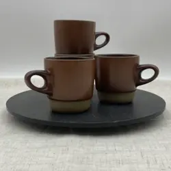 VINTAGE HEATH CERAMICS RIM LINE STACK MUG #205 BROWN SET 0F 4