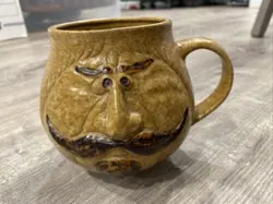 VINTAGE POTTERY CRAFT USA COFFEE MUG RAISED FACE MUSTACHE MAN STONEWARE - AL