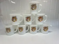 VINTAGE FIRE KING ESSO TIGER PROMOTIONAL MILK GLASS COFFEE MUGS 1950S LOT OF 6