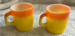 VINTAGE FIRE KING ORANGE YELLOW CANDY CORN MUGS SET OF 2 STACKING