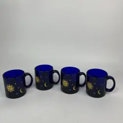 4 VTG LIBBEY COBALT BLUE GLASS 12OZ COFFEE MUG CELESTIAL SUN MOON STARS FRIENDS