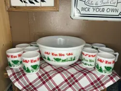 VTG 1950S HAZEL ATLAS MILK GLASS CHRISTMAS EGG NOG PUNCH BOWL SET WITH 10 MUGS