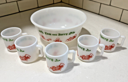 VINTAGE HAZEL ATLAS TOM AND JERRY PUNCH BOWL SET WITH 5 MUGS EGG NOG CHRISTMAS