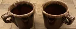 2 VINTAGE HULL POTTERY BROWN DRIP GLAZE COFFEE MUGS OVEN PROOF USA