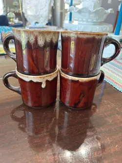 VINTAGE USA POTTERY BROWN DRIP GLAZE COFFEE CUPS SET OF 4 EXCELLENT
