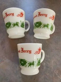 VINTAGE TOM AND JERRY EGG NOG MILK GLASS FOOTED HOLIDAY CUP SET OF 3 HAZEL ATLAS
