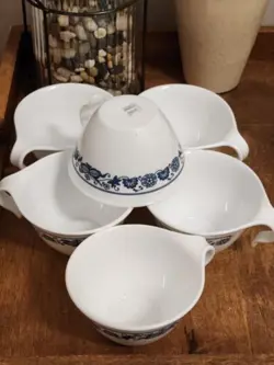 6 VINTAGE CORELLE COFFEE MUG TEA CUP CORNING OLD TOWN BLUE ONION HOOK HANDLE