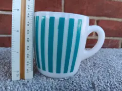 THICK VINTAGE HAZEL ATLAS MILK GLASS TURQUOISE CANDY STRIPE COFFEE MUG/CUP #3