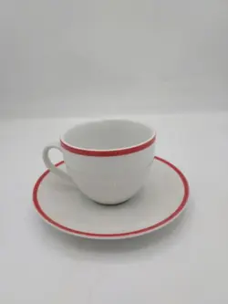 VINTAGE WILLIAMS SONOMA BRASSERIE RED STRIPE COFFEE CUPS/FLAT MUGS 3