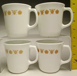 VINTAGE CORNING CORELLE BUTTERFLY GOLD COFFEE MUGS D HANDLED 8 OZ. SET OF FOUR