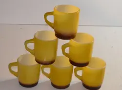 6 VINTAGE ANCHOR HOCKING FIRE KING YELLOW CUP MUG BROWN RIBBED STACKABLE
