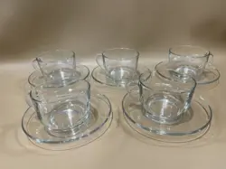VINTAGE 10 VERECO FRANCE CLEAR GLASS HANDLED COFFEE MUGS W/ GLASS SAUCERS