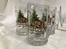 SET OF 3 VINTAGE LIBBEY WILDLIFE BEER MUG GLASSES WHITETAIL DEER 16 OUNCES