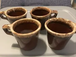 SET OF 4 VINTAGE HULL POTTERY OVEN PROOF USA BROWN DRIP GLAZE COFFEE MUGS CUPS