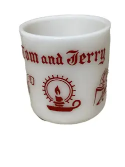 VINTAGE HAZEL ATLAS TOM & JERRY WHITE MILK GLASS CHRISTMAS EGG NOG MUG CUP