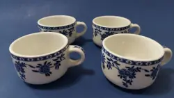 VTG 4 PC SET WALKER CHINA, VITRIFIED, BEDFORD OHIO WHITE / BLUE DESIGN 4 OZ CUPS