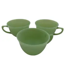 VINTAGE FIRE KING OVEN WARE JADEITE JANE RAY GREEN GLASS MUGS SET OF 3 TEA CUPS