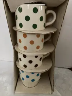 VINTAGE 4 IRONSTONE POLKA DOT MUGS, SCIO, OHIO