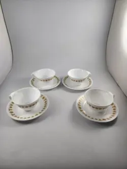 VINTAGE CORELLE BUTTERFLY GOLD 4 COFFEE CUPS W/ HOOK HANDLES 4 SAUCERS