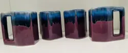 VTG RODOLFO PADILLA SIGNED STONEWARE BLUE/MAROON DRIP GLAZE COFFEE MUGS SET OF 4