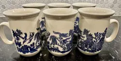 VINTAGE CHURCHILL BLUE WILLOW TALL COFFEE TEA MUGS CUPS SET OF 6 MADE IN ENGLAND