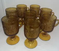 TIARA INDIANA AMBER SANDWICH GLASS GOBLET MUGS FOOTED HANDLE CARNIVAL VTG 8