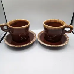 LOT OF 2 HULL POTTERY BROWN DRIP COFFEE CUPS VINTAGE MUGS & SAUCERS O HANDLE USA