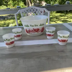 VINTAGE HAZEL ATLAS EGG NOG 5-PC SET MILK GLASS CARRIAGE PUNCH BOWL   4 MUGS
