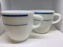 VINTAGE USA3 PYREX CORNING WHITE MILK GLASS COFFEE CUPS BLUE STRIPE BAND 723 USA