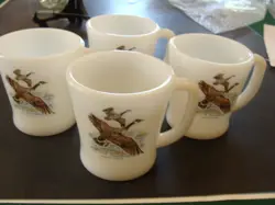 VINTAGE FIRE KING ANCHOR HOCKING WHITE COFFEE MUGS SET OF 4 CANADIAN GEESE