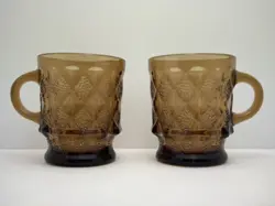 VINTAGE 2 ANCHOR HOCKING FIRE KING AMBER BROWN DIAMOND KIMBERLY COFFEE CUP MUGS