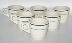 SET OF 6 VINTAGE BUFFALO CHINA RESTAURANT WARE GREEN STRIPE COFFEE CUPS U.S.A.