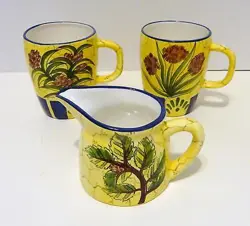 VINTAGE 1998 LAURIE GATES YELLOW FLORAL CERAMIC CREAMER PITCHER & 2 LARGE MUGS