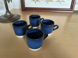 VINTAGE HEATH CERAMICS BLUE RIM LINE STACK MUGS, SET OF 4