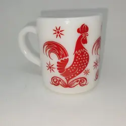 HAZEL ATLAS MILK GLASS RED ROOSTER CHICKEN MUG COFFEE CUP VINTAGE
