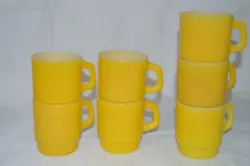 VINTAGE ANCHOR HOCKING YELLOW COFFEE CUPS MUGS STACKABLE MILK GLASS SET OF 7