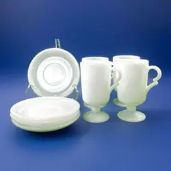 VINTAGE MILK GLASS PEDESTAL FOOTED MUG & SAUCERS SET IRISH COFFEE / COCOA