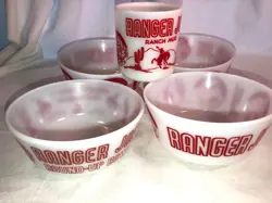 RANGER JOE 4 CEREAL BOWLS AND A MUG DEPRESSION GLASS MINT