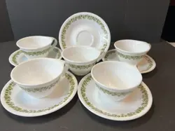 VINTAGE SET OF 5 CORELLE SPRING BLOSSOM CRAZY DAISY GREEN COFFEE CUPS AND SAUCER