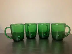 4 VINTAGE MCM ARCOROC FRANCE EMERALD FOREST GREEN GLASS MUGS COFFEE TEA