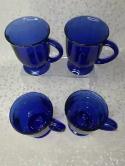 VINTAGE SET OF 4 COBALT BLUE GLASS 16OZ ANCHOR HOCKING COFFEE LATTE TEA MUG CUP